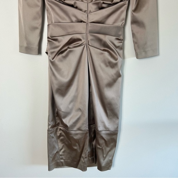 Talbot Runhof Beige Satin Cocktail Dress 3/4 Sleeve Size 4 - Picture 3 of 11